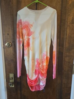 AFRM Cream Floral Print Crewneck Dress with Pink Accents